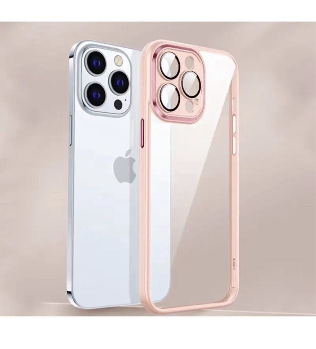 Iphone 14/PRO/MAX/PLUS - Husa Rama Silicon Spate Plexi Butoane Metal