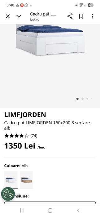 PAT cu 3 sertare depozitare 2 Somiere JYSK 1.60