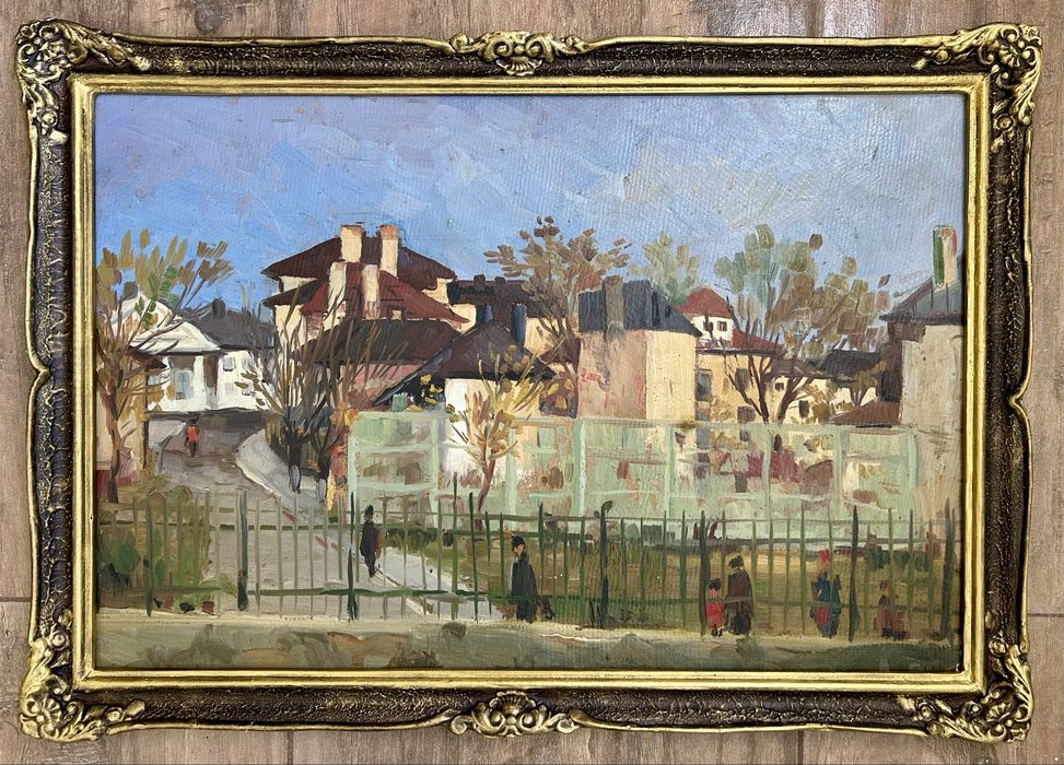 T Schipor 1965 Tablou Peisaj central Iasi pictura ulei inramat 46x65cm
