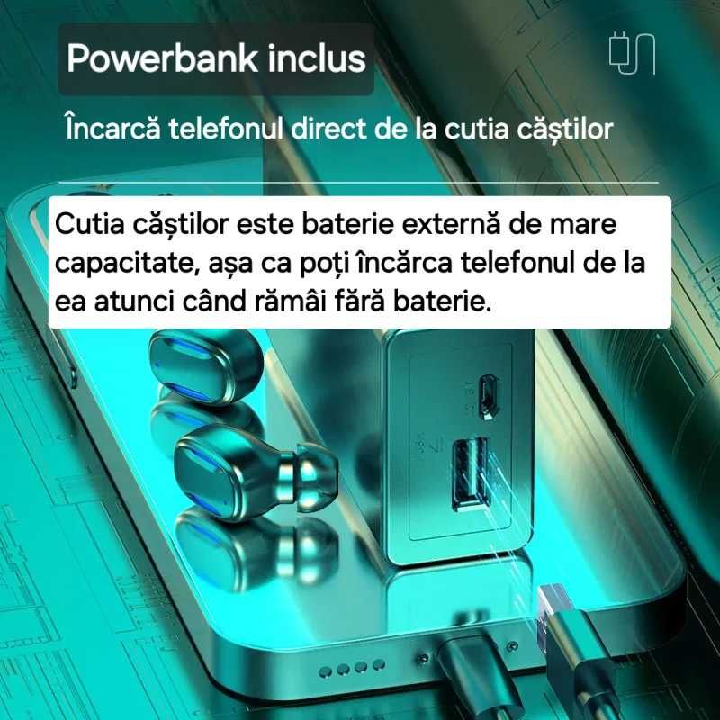 Căști Bluetooth cu powerbank: încarcă telefonul.Autonomie 220h.Display