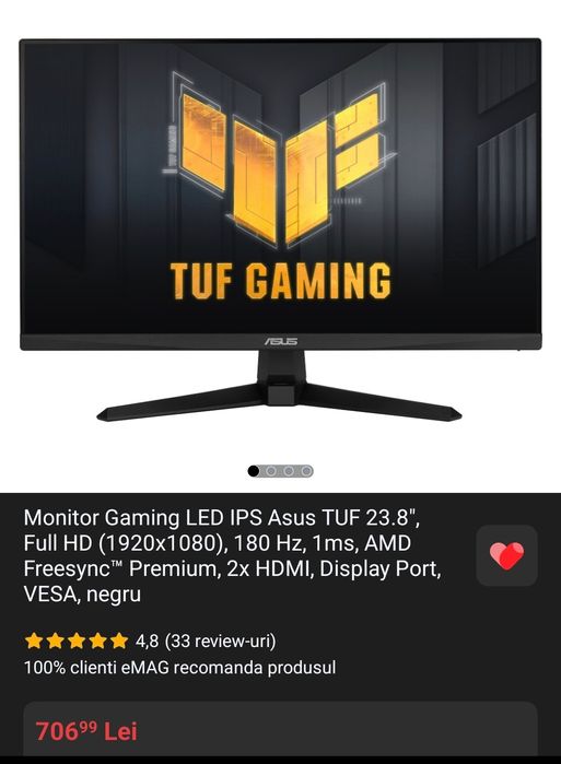Monitor Gaming LED  Asus TUF 23.8"Refresh 180 Hz Garantie3 ANI Sigilat