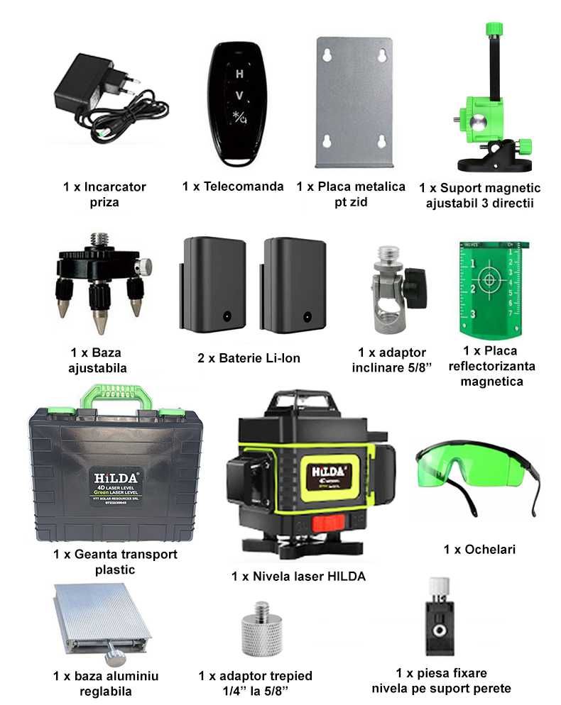 Nivela laser HILDA PULSE 4D 16 linii, 2 BATERII, PULSE MODE (detector)