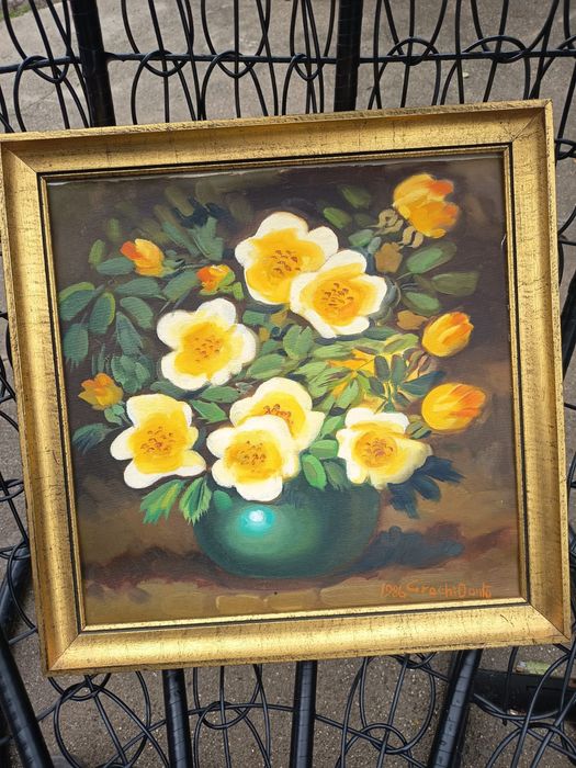 Tablou Deosebit Cu Flori Pictat Pe Pânză Semnat