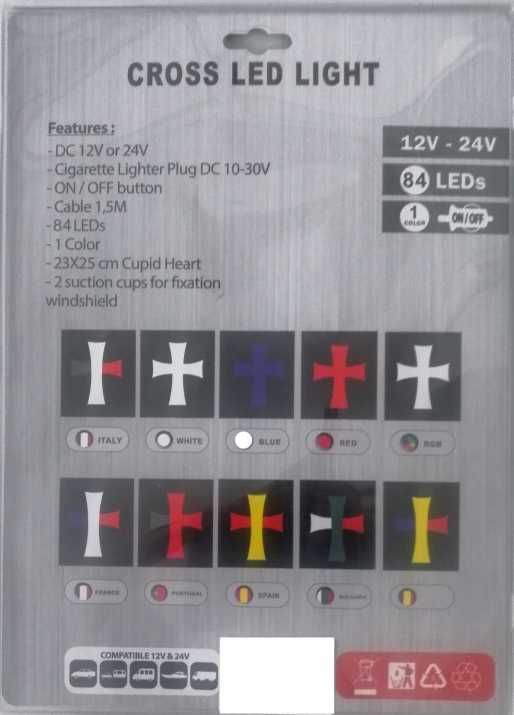 Светодиоден LED светещ кръст СИН Кръст 84 LED ЛЕД 12V-24V 245x200 mm
