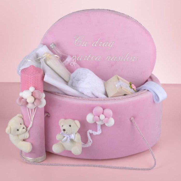 Set Complet Trusou Botez Cutie Catifea Personalizata + Lumanare