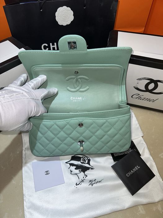 Geanta dama chanel 26cm verde menta cu accesorii argintii cadou c:83