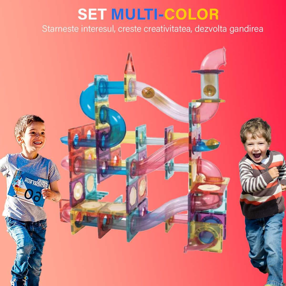 Set de Constructie Magnetic 136 Piese cu Tevi Tiles 3D+ minge colorata
