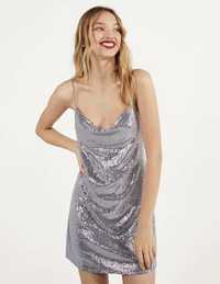 Rochie Paiete Silver Argintie scurta bretele sclipici stil Zara club