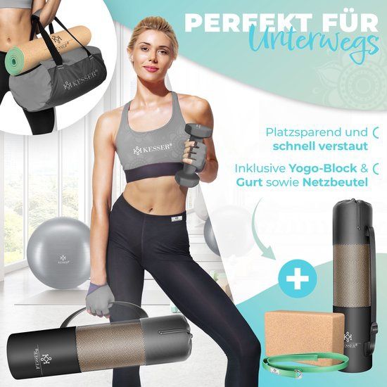 Коркова постелка за йога 183 х 62 см с блок и каишка , не плъзгаща