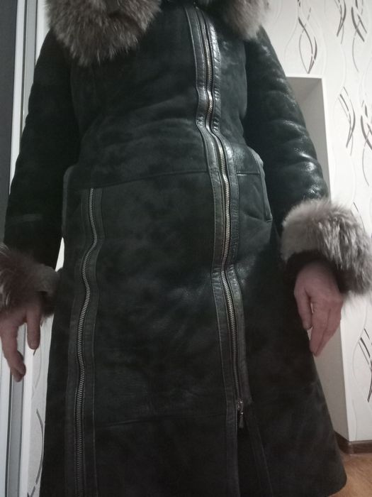 Дублёнка черная кожа воротник песец