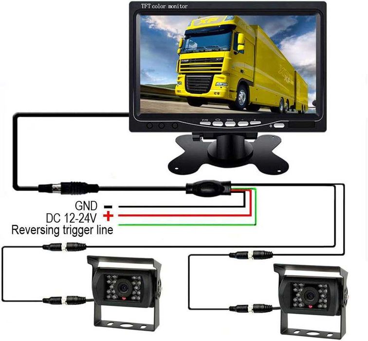 Монитор с 2 камери за Задно Виждане за Камиони Автобуси Бусове Караван