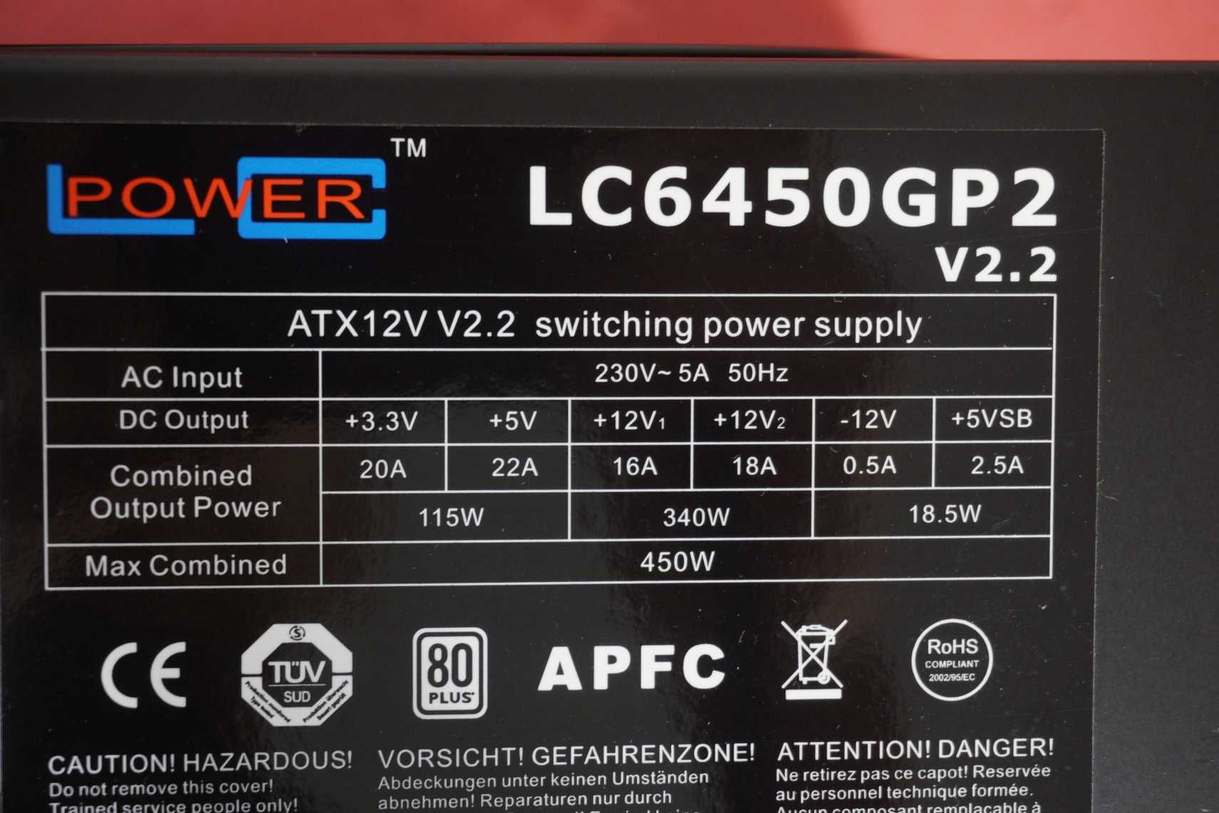 Захранване LC Power 450W 80+ / 8pin CPU, 8 + 6pin PCIe / вкл ДДС