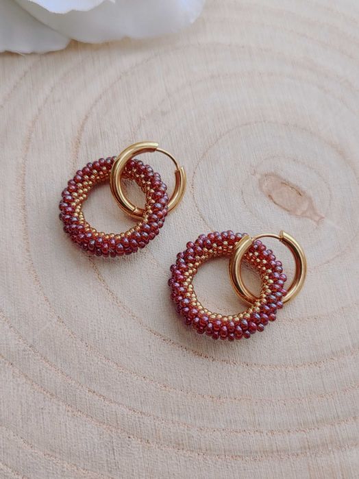 Ръчно изработени обеци халки с висулка от Японски мъниста, Стомана