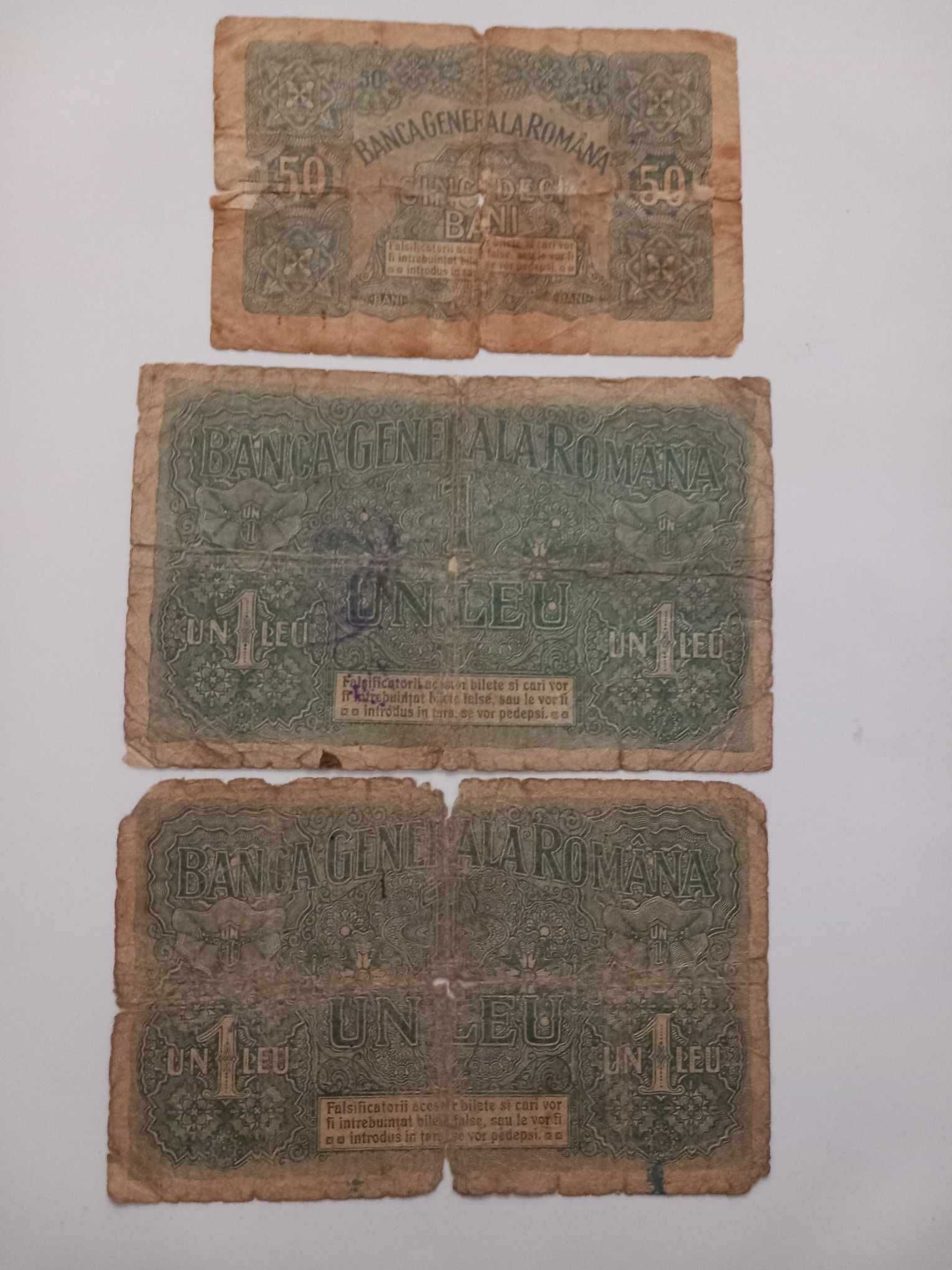 Lot 3  bancnote BGR  (50 Bani si 1 Leu  1917)