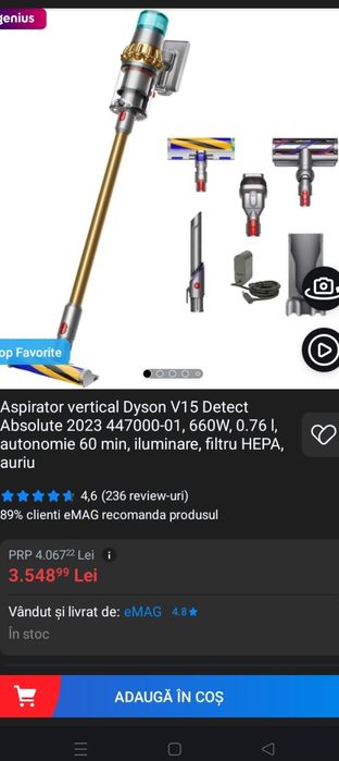 Aspirator vertical Dyson V15 Detect Absolute 2023 447000-01, 660W, 0.7