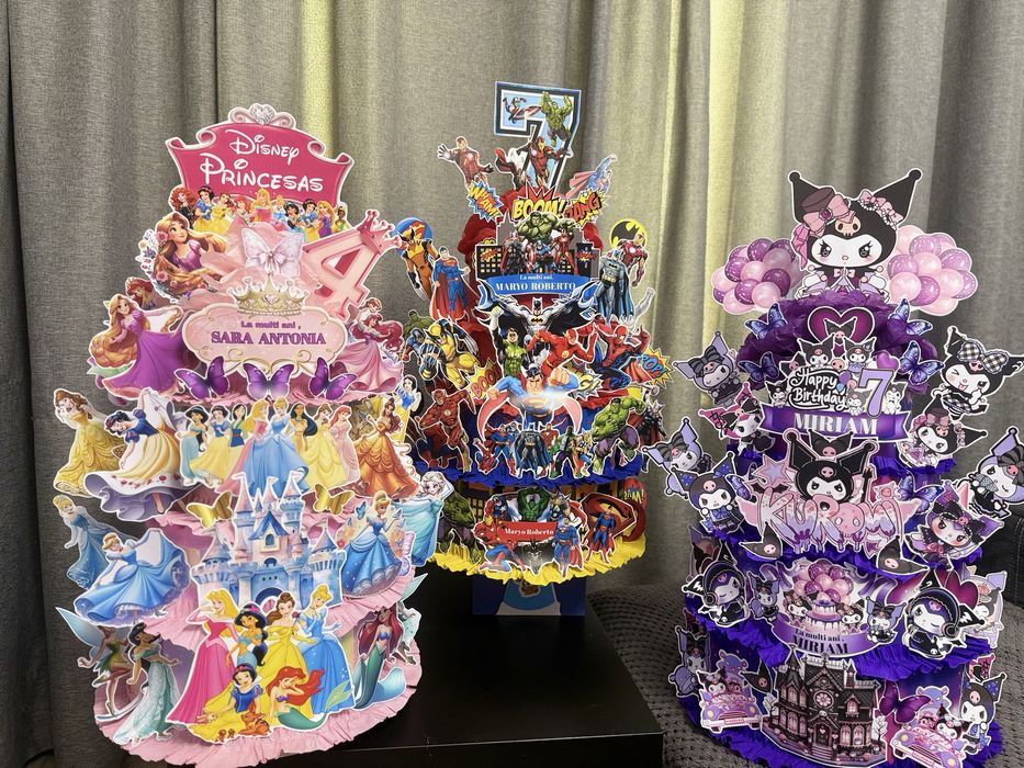 Minnie mouse, Spiderman, Barbie, hulk, Unicorni, Bluey, Elsa.