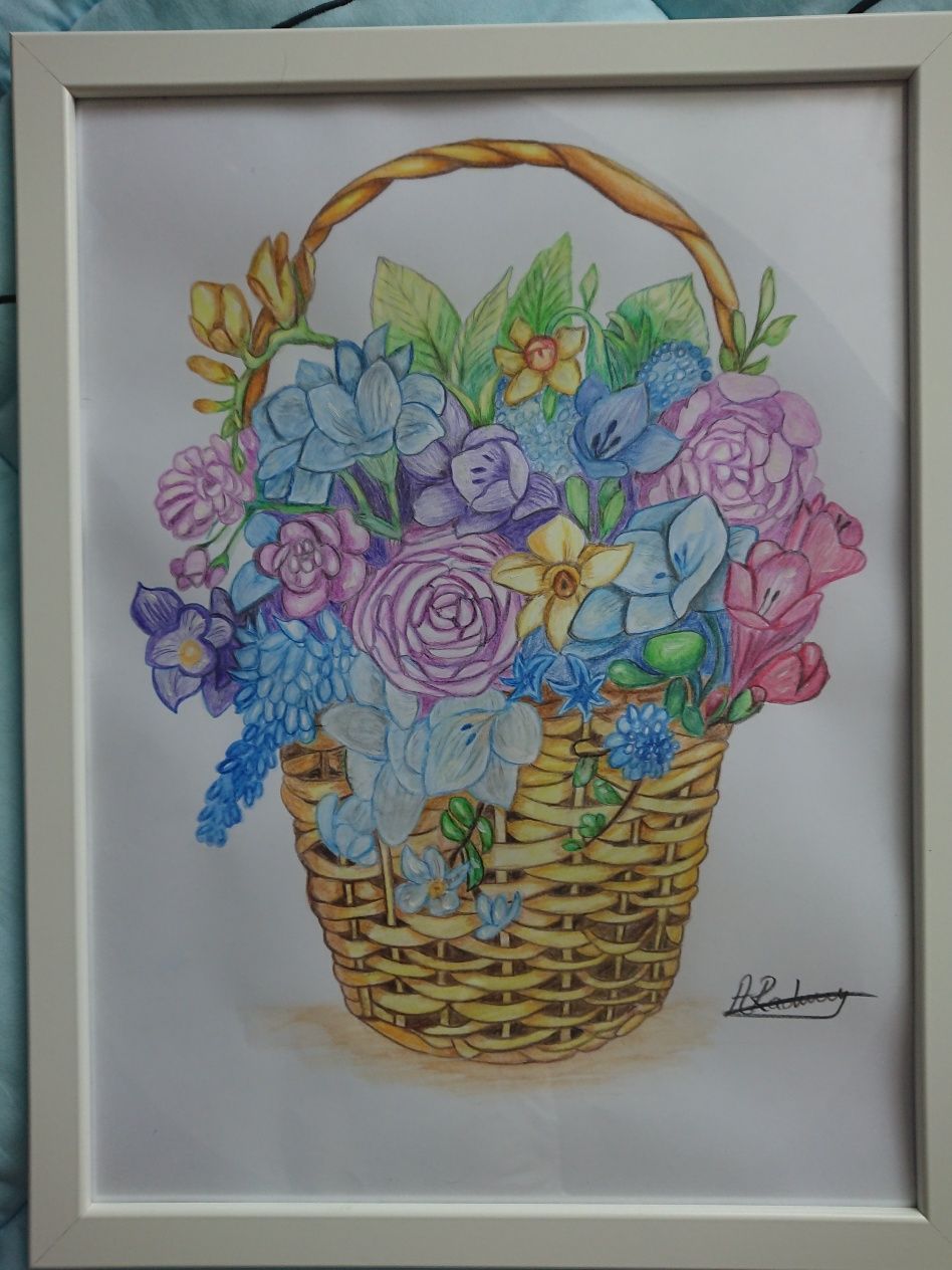 Tablou cos cu flori din acrilic și creioane colorate 43x33 cm