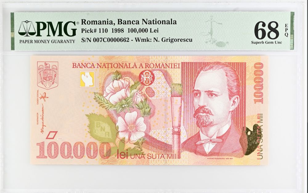 100.000 lei 1998 PMG68 UNC Top Pop bancnota gradata