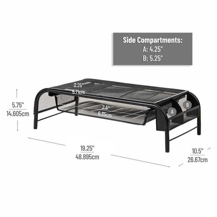 Stand monitor plasa metalica cu sertar si rafturi laterale ergonomic