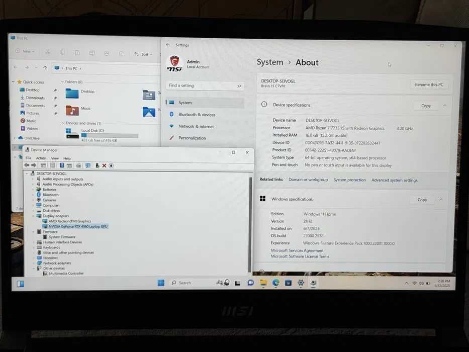 15,6’FHD IPS 144Hz/Ryzen 7-7735HS/RTX 4060/MSI Bravo/16GB DDR5/512GB
