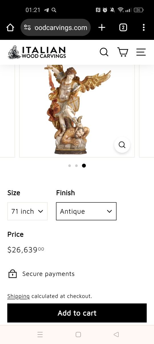 Статуя с позолотой из цельного дерева с Архангела Михаила. Италия