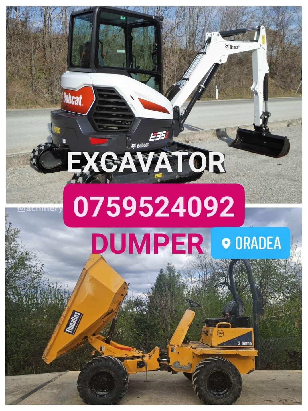 Miniexcavator inchiriez bobcat dumper basculante transport nisip moloz