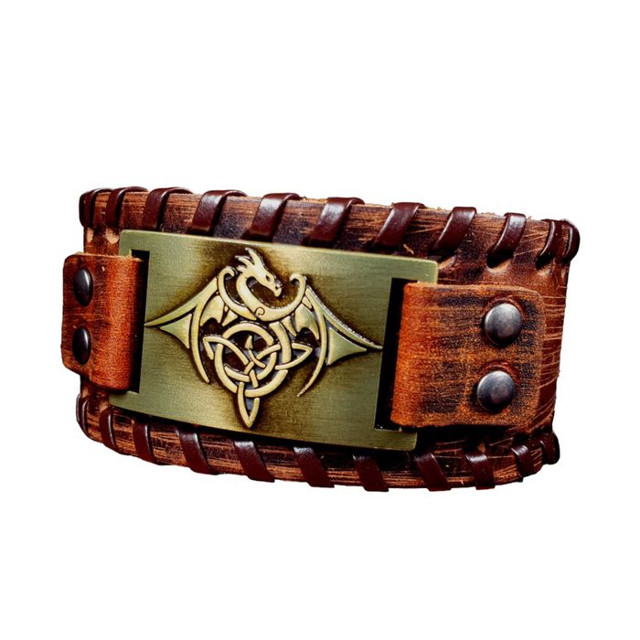 Bratara de piele pentru barbati  cu gravura in metal - cap de lup