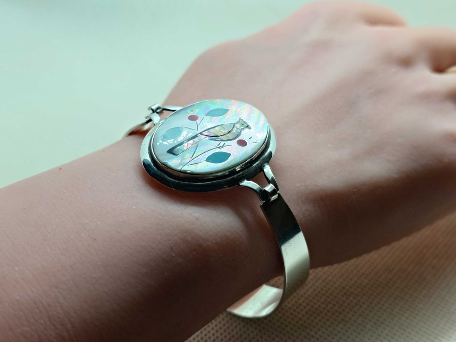 Brățară superbă din argint 900 cu panou inlay din sidef, Zuni