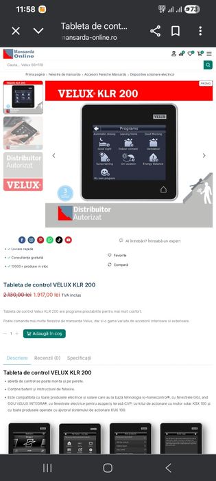 Velux telecomanda tableta NOUA de control integra klr 200