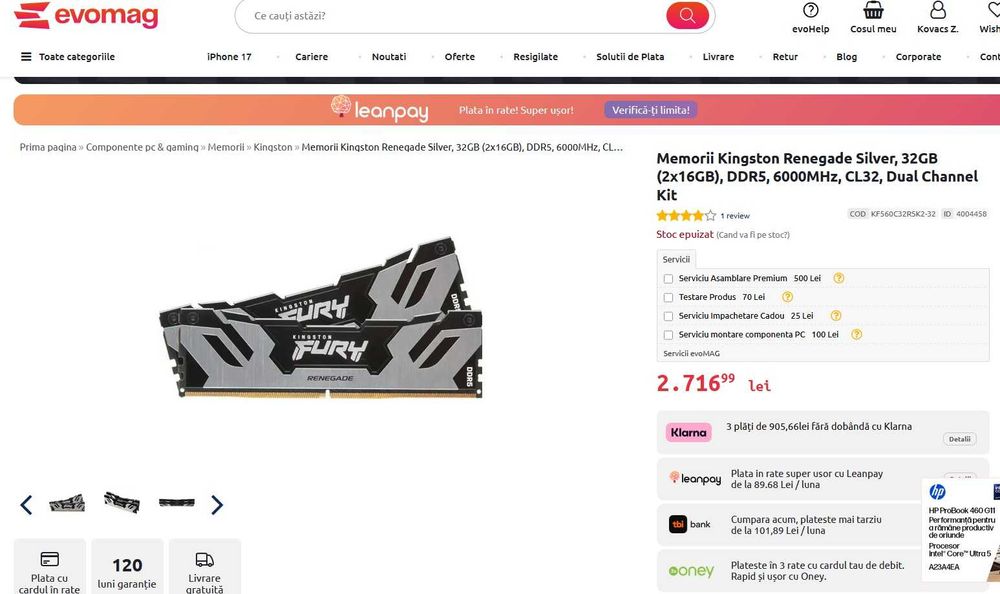 Vand Kingston Renegade Silver, 32GB (2x16GB), DDR5, 6000MHz, CL32