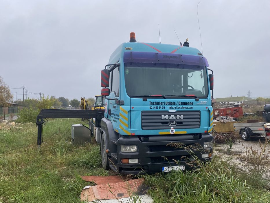 Camion MAN TGA 18.310 cu macara HMF 2823 K4 + platformă – Funcțional