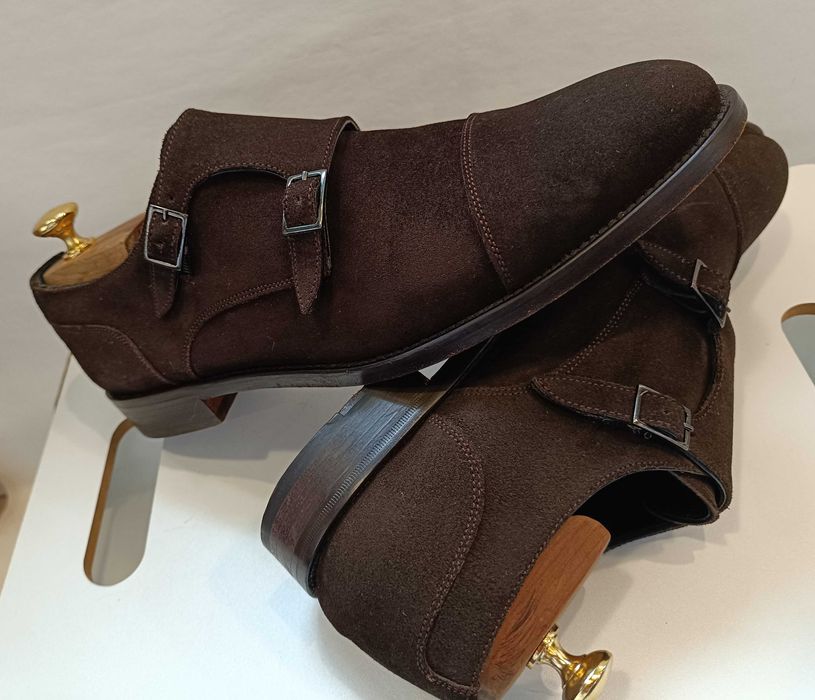 Pantofi monk 41 41.5 lucrati manual Boggi Milano piele naturala suede