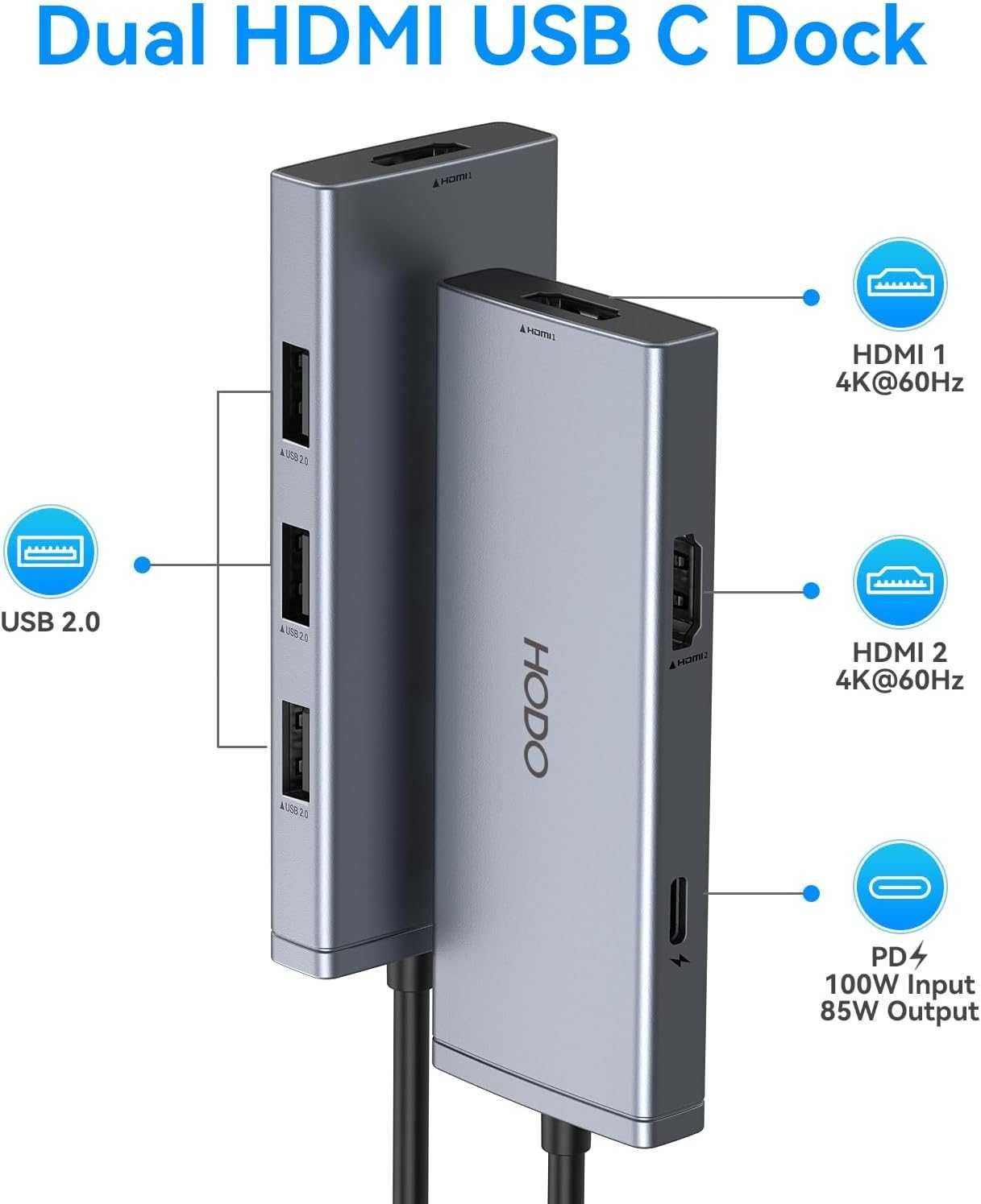 USB C към 2 HDMI адаптер за два монитора, 6 IN 1 докинг станция