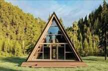 Cabana stil A Frame, casa, foisoare si terase din structura de lemn