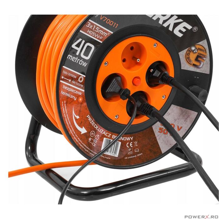 Rola prelungitor cablu cu cadru metalic, 40 metri 3 x 1,5 mm, Verke