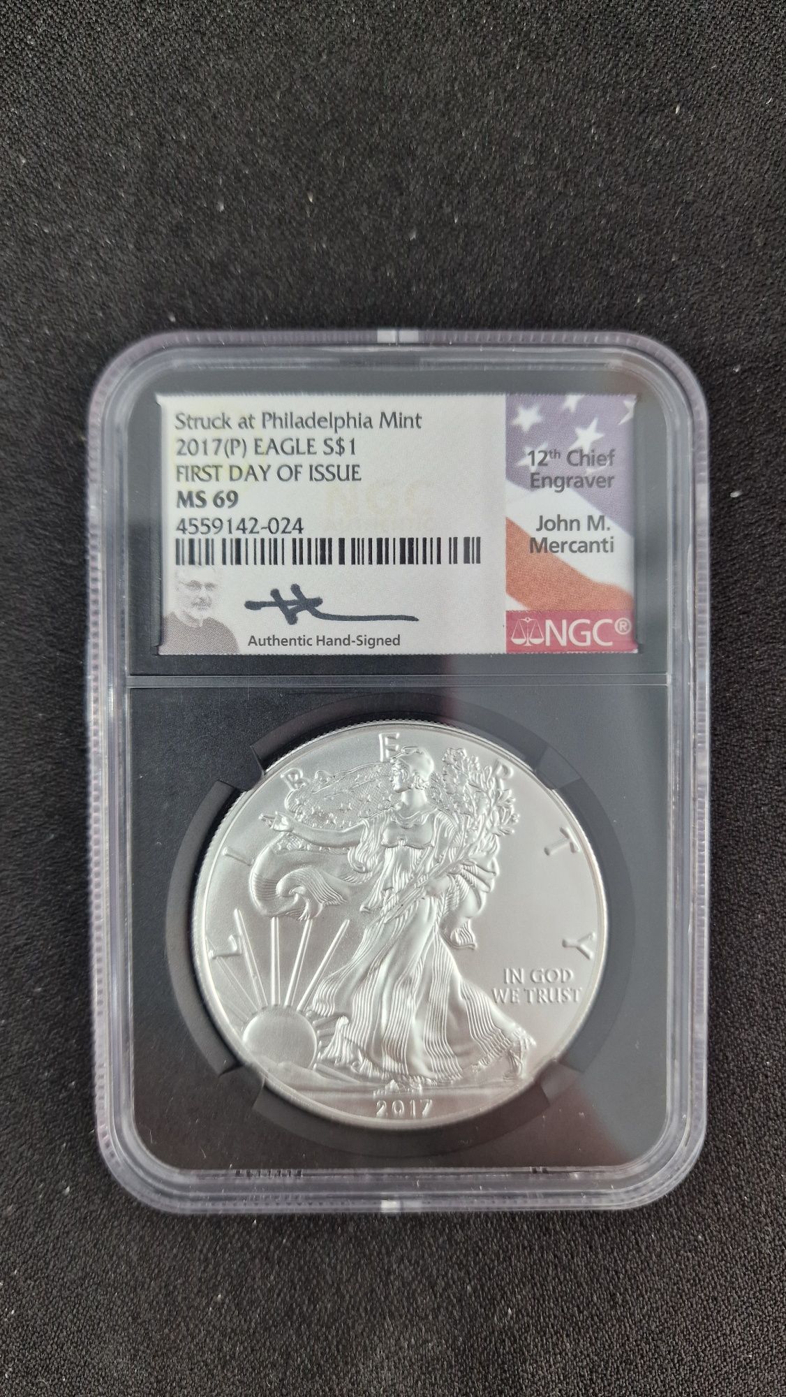 Vand 2017 p silver eagle john mercanti Capsula NGC
