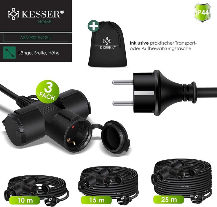 KESSER® Удължителен кабел 15m многощепсел с 3 x Schuko