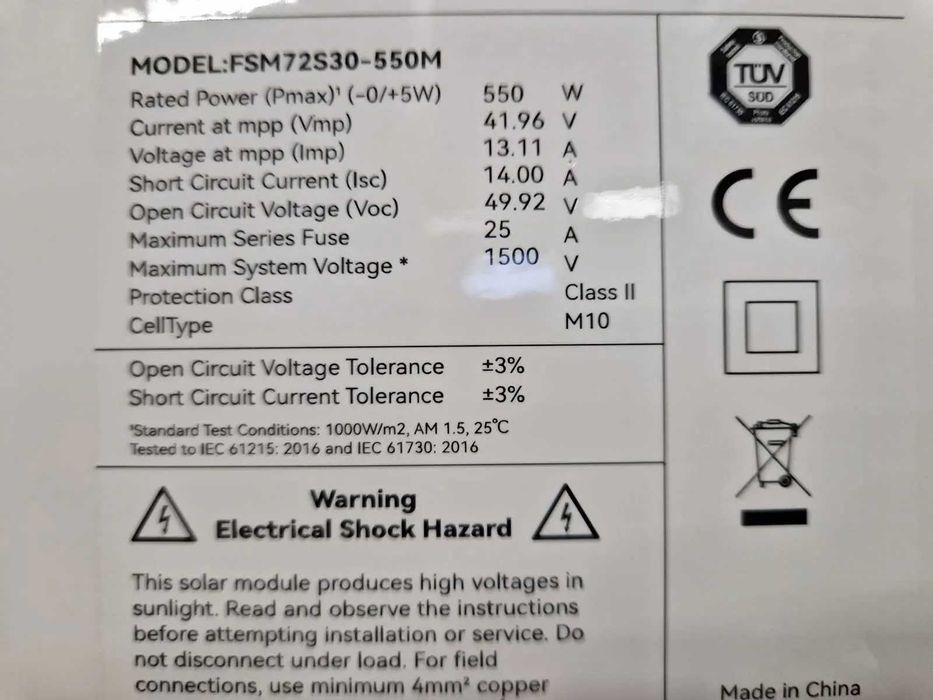 Panouri fotovoltaice 550W–FSM72S30-550M, M10 Half-Cell, TUV/CE, 17 kWp