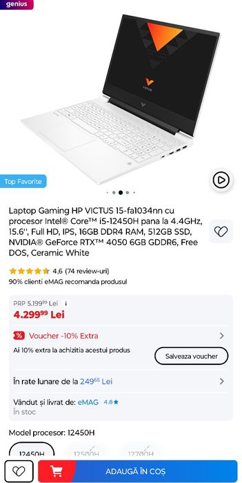Laptop Gaming HP VICTUS 15-fa1034nn cu procesor Intel® Core™ i5-12450H