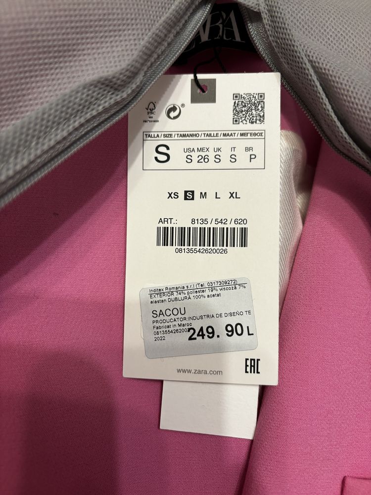 Sacou Zara, nou, cu eticheta, roz, S