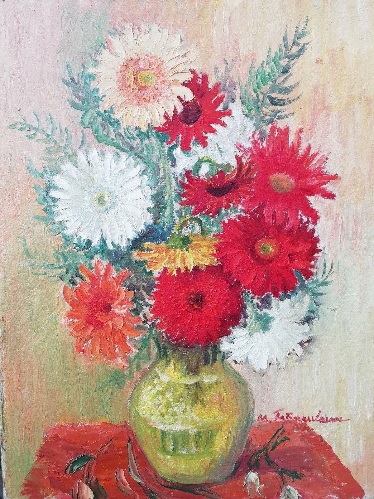 " Roșu si Alb", tablou superb, foarte "vesel", Maria Frânculescu, u/c