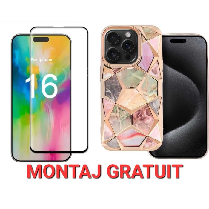 Set iPhone 16 Pro Max - Folie de Sticla + Husa Twinki Gold