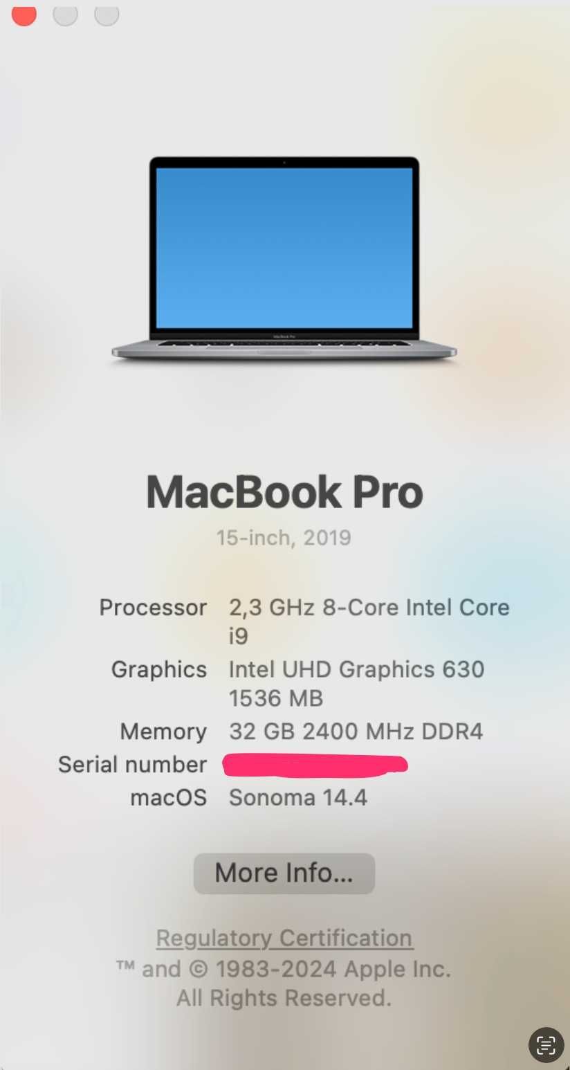 MacBook Pro (15,4-инчов, 2019), i9, 32GB, 1GB SSD