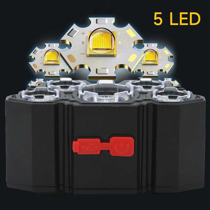5 LED фенерче, челник, акумулаторно с вградена 18650 батерия, къмпинг