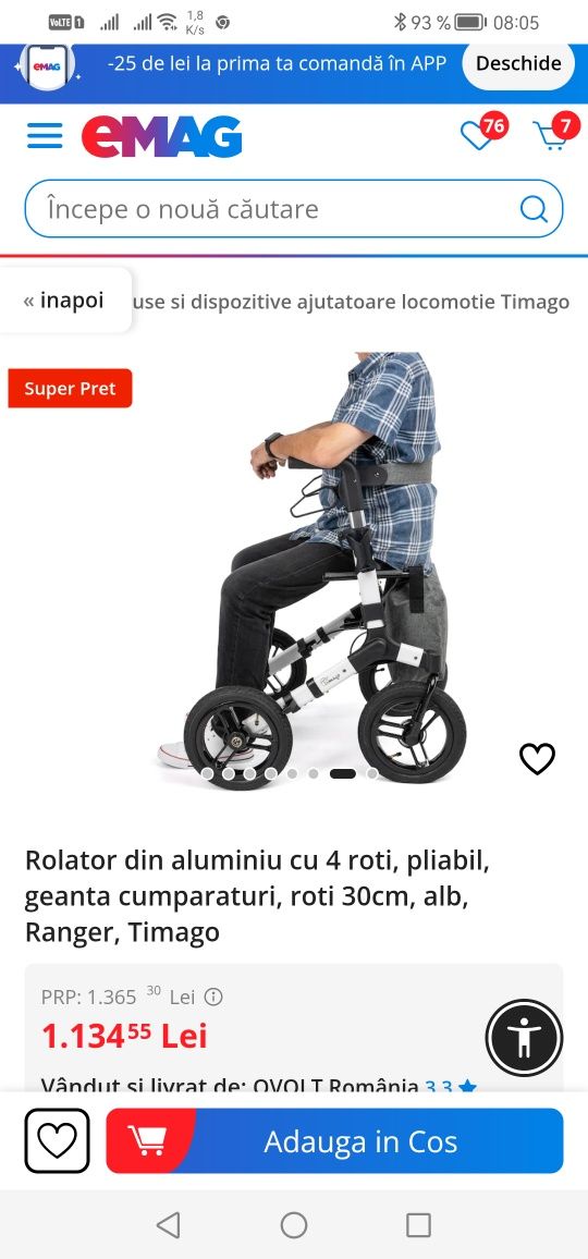 Rolator pliabil handicap aluminiu Frane transformabil in scaun textile