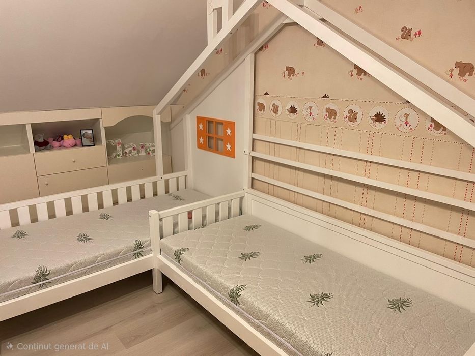 Pat dublu tip căsuță, L, pentru 2 copii – alb + fereastră portocalie,