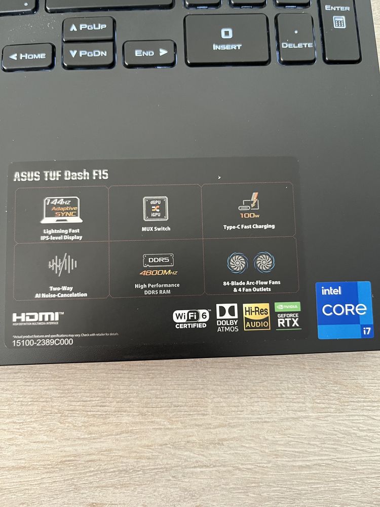 Asus TUF Dash F15 Core i7-1265H/RTX 3060 6gb/DDR5 16gb/512gb SSD/144hz