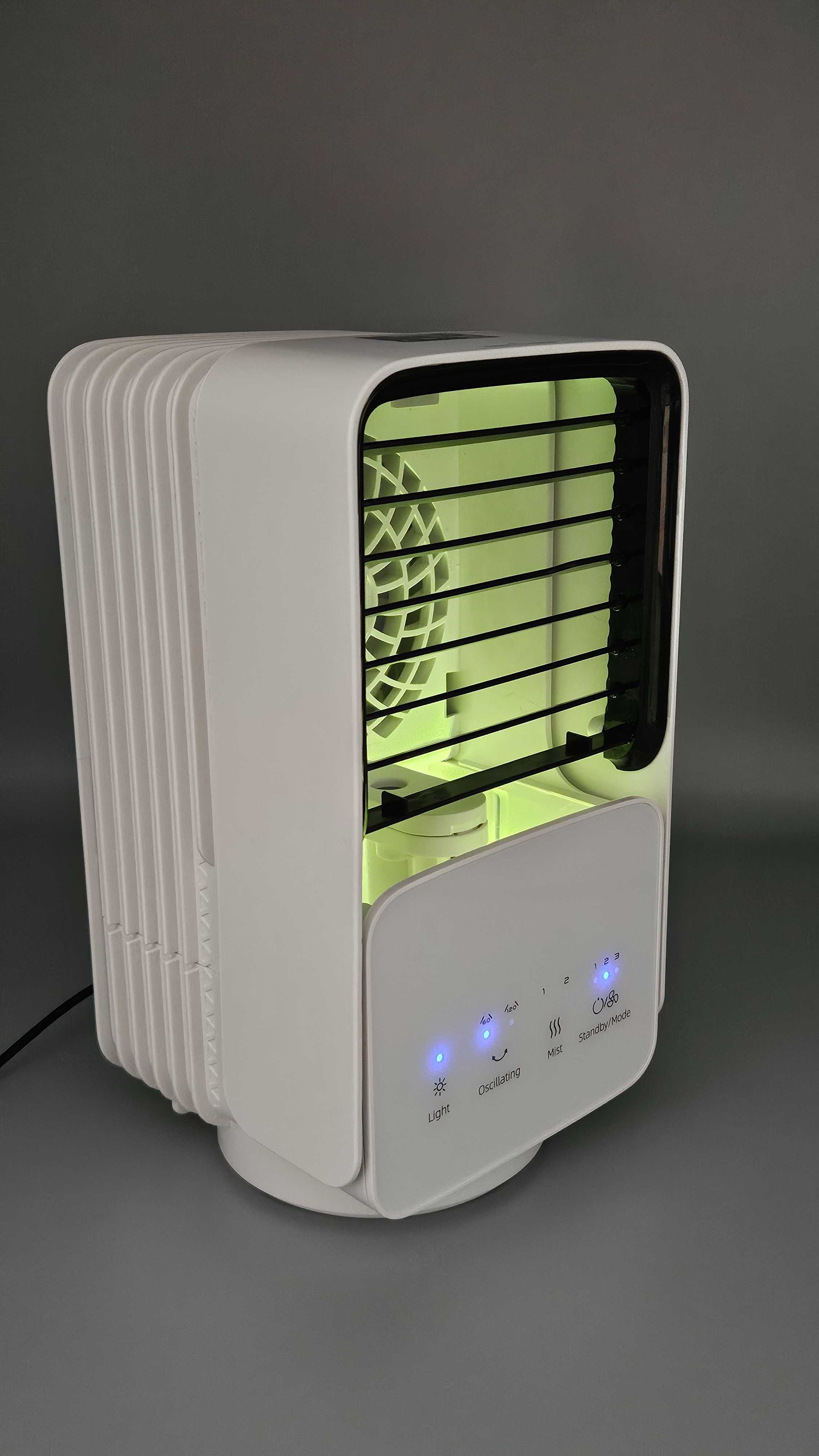 Преносим охладител-вентилатор и овлажнител на въздуха с LED осветление