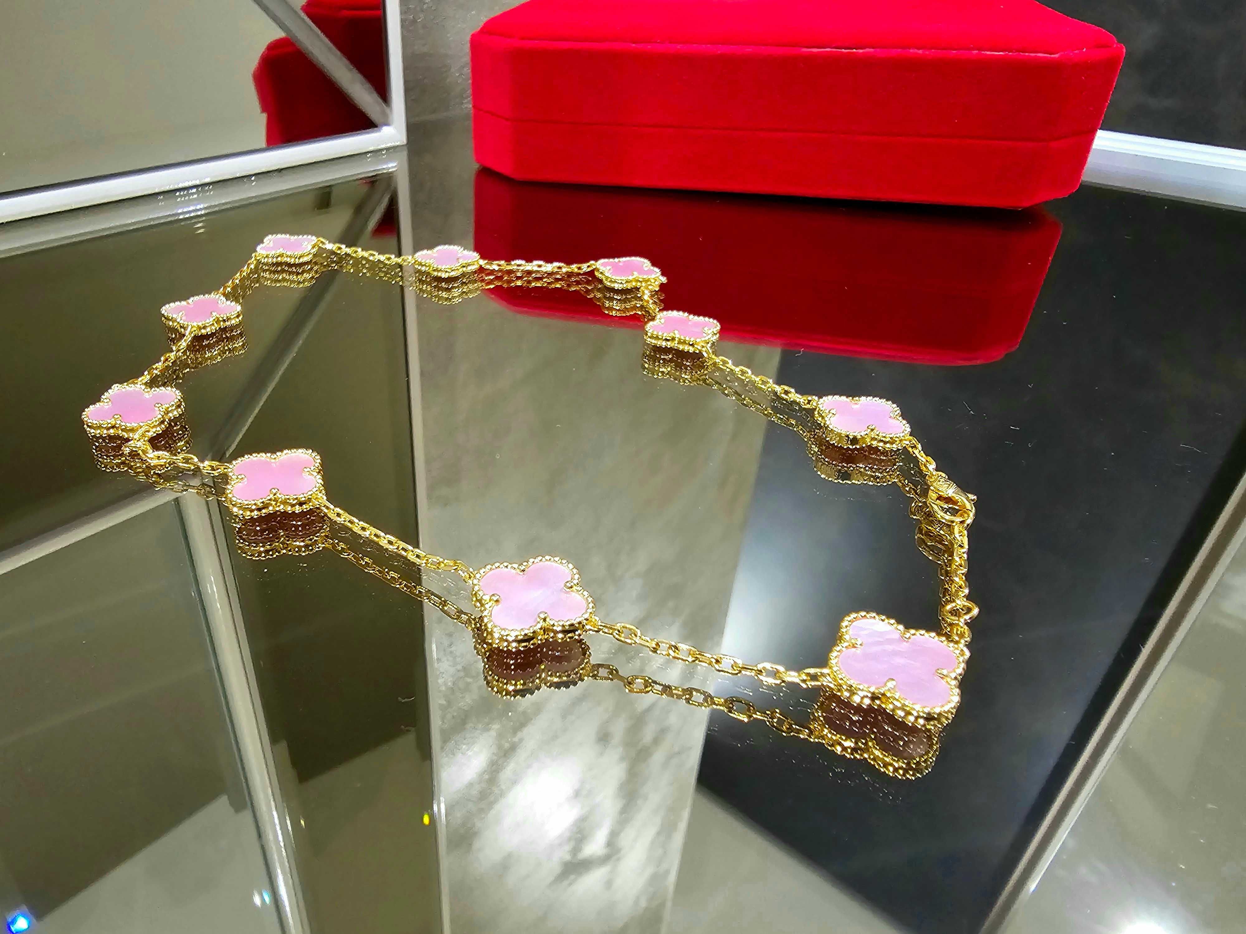 Van Cleef & Arpels VCA Gold Pink Opal 10 Motifs Alhambra Дамско Колие