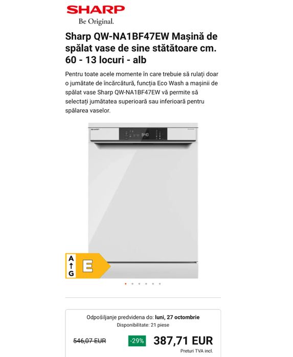 Mașină de spălat vase independentă Sharp QW-NA1BF47EW